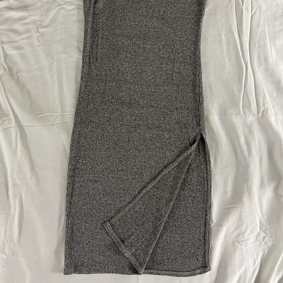 Poetry mini dress. Grey. Figure hugging. Cross spaghetti straps. Front leg slit. - Picture 2 of 4